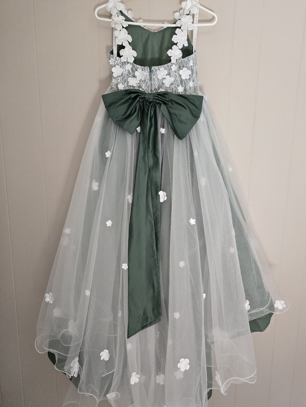 Azazie Celia Flowergirl Dress Eucalyptus Green White Lace 3D Flowers Train 14 - Picture 7 of 16